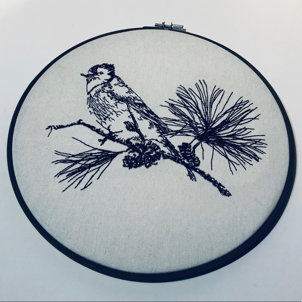Stitched Songbird embroidery ring🧵 black on cream